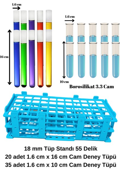 Tüp Standı 18MM 55 Delikli + Cam Deney Tüpü 1.6 x 16 cm 20 Adet + Cam Test Tüpü 1.6 x 10 cm 35 Adet