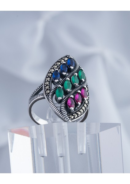 Renkli Doğal Taşlı Özel Tasarım 925 Ayar Gümüş Kadın Yüzük – Canlı ve Zarif Görünüm fiyatları