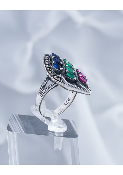 Renkli Doğal Taşlı Özel Tasarım 925 Ayar Gümüş Kadın Yüzük – Canlı ve Zarif Görünüm modelleri