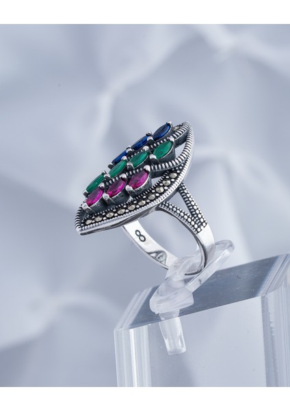 Renkli Doğal Taşlı Özel Tasarım 925 Ayar Gümüş Kadın Yüzük – Canlı ve Zarif Görünüm fırsatları