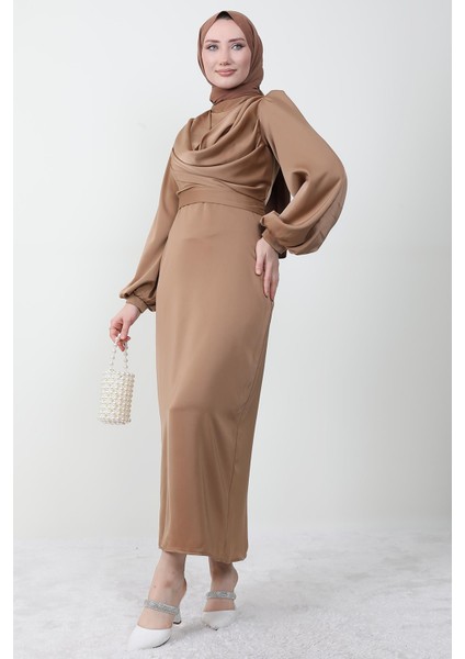 Naz Tesettür Abiye Elbise Sütlükahve