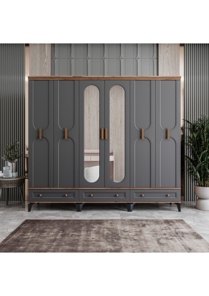 Loren 6 Kapaklı Çekmeceli Gardırop Tamamı Mdf (Antrasit)