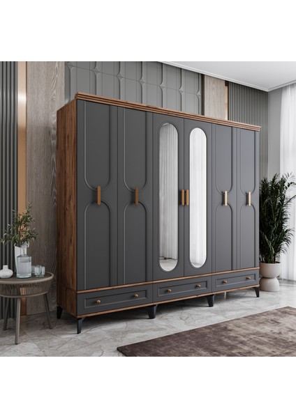 Loren 6 Kapaklı Çekmeceli Gardırop Tamamı Mdf (Antrasit) fiyatları