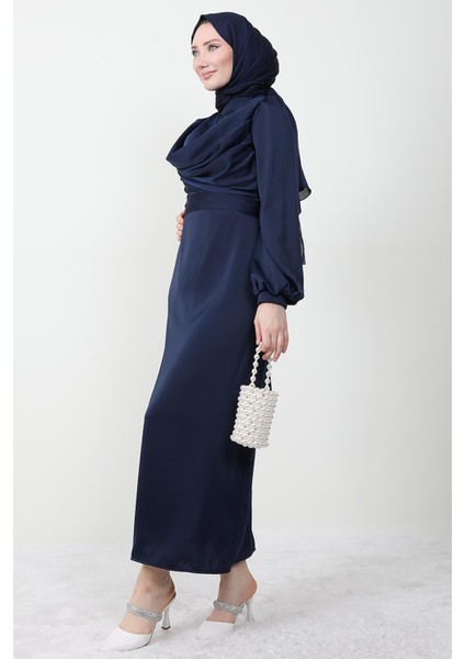 Naz Tesettür Abiye Elbise Lacivert