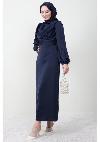Naz Tesettür Abiye Elbise Lacivert modelleri