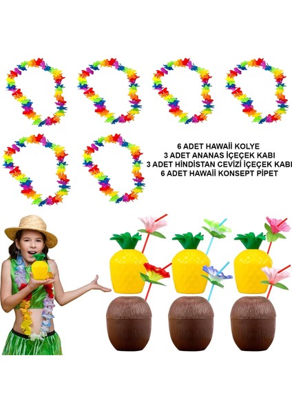 Ieg® Tropikal Hawaii Parti Malzemeleri – Kolye, Pipet, Bardak Seti (4887)