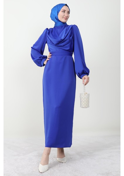 Naz Tesettür Abiye Elbise Saks