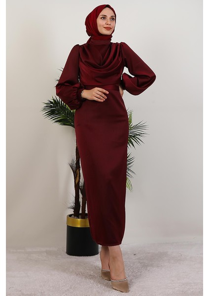 Naz Tesettür Abiye Elbise Bordo