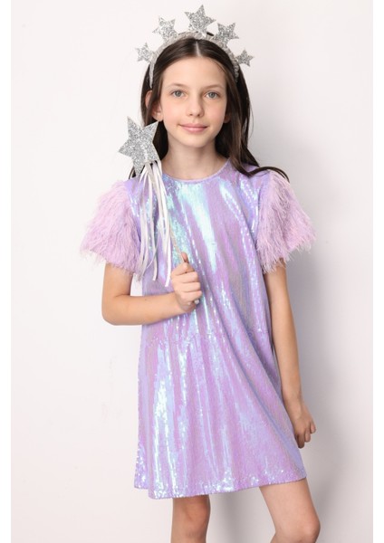 Lila Kolları Püsküllü Pullu Kız Çocuk Elbise - Delit fiyatları