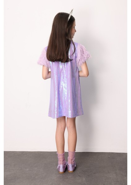 Lila Kolları Püsküllü Pullu Kız Çocuk Elbise - Delit fırsatları