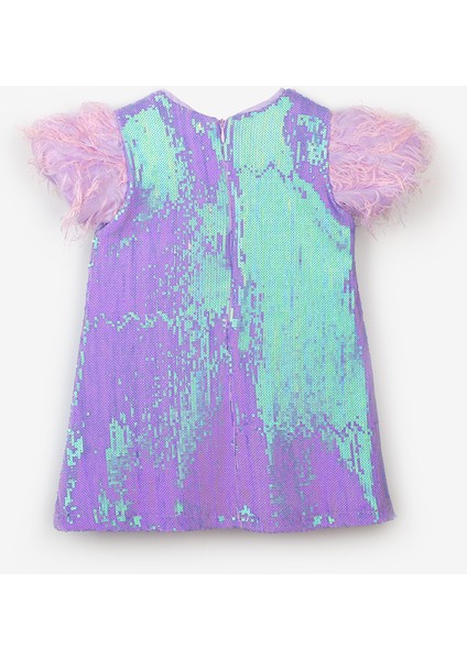 Lila Kolları Püsküllü Pullu Kız Çocuk Elbise - Delit