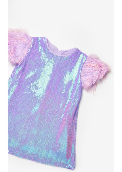 Lila Kolları Püsküllü Pullu Kız Çocuk Elbise - Delit