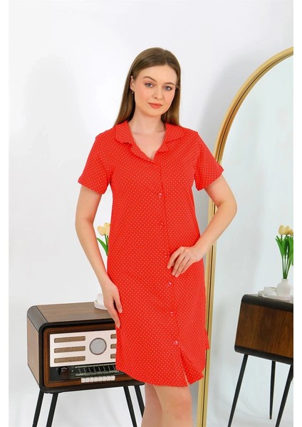 Giyim Kadın Pamuk Penye Kısa Kol Düğmeli Kırmızı Tunik Gecelik fiyatları
