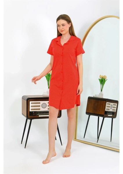 Giyim Kadın Pamuk Penye Kısa Kol Düğmeli Kırmızı Tunik Gecelik modelleri