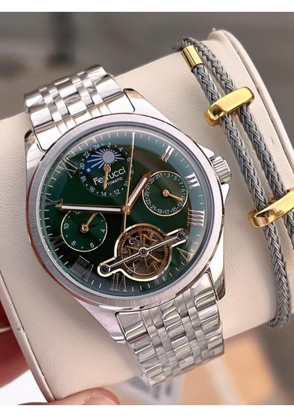 Ferrucci Otomatik ve Kurmalı Güneş ve Mehtap Kadranlı Çelik Kordonlu Erkek Kol Saati BFC.03606.2