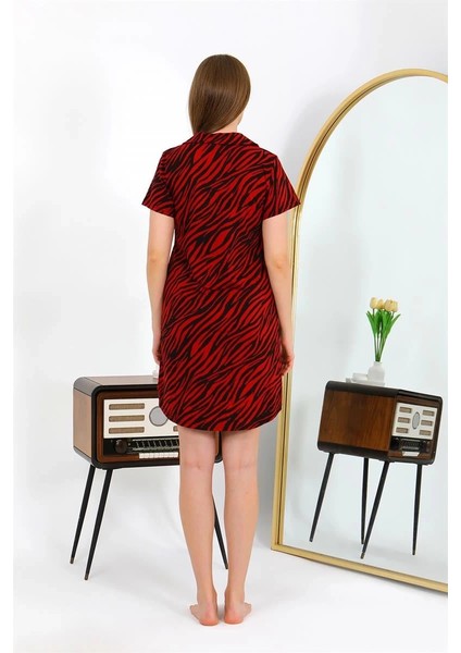 Giyim Kadın Pamuk Penye Kısa Kol Düğmeli Bordo Tunik Gecelik fırsatları