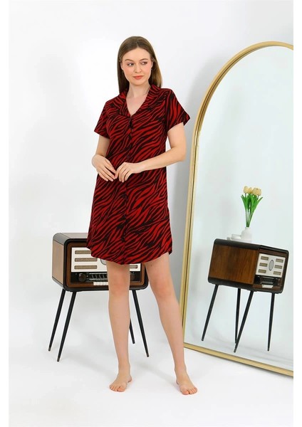 Giyim Kadın Pamuk Penye Kısa Kol Düğmeli Bordo Tunik Gecelik indirimleri