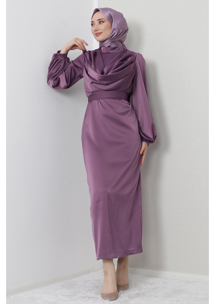 Naz Tesettür Abiye Elbise Koyu Lila