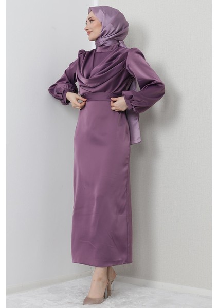 Naz Tesettür Abiye Elbise Koyu Lila modelleri
