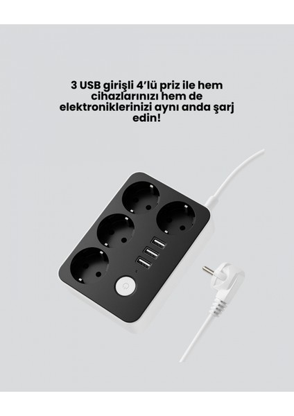 - 4 Prizli 3 USB Portlu Anahtarlı Akım Korumalı Priz fiyatları