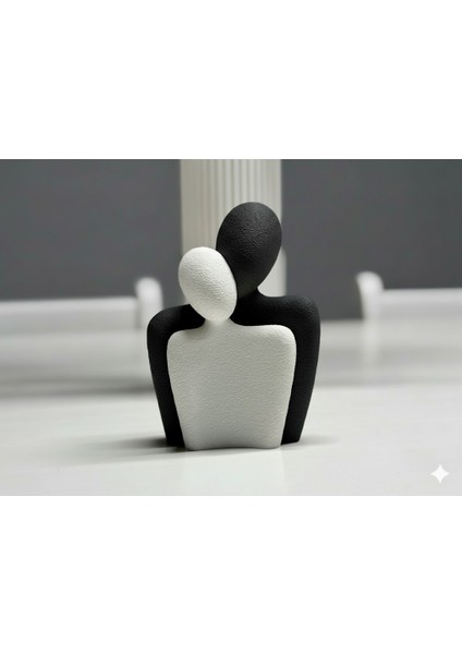 Minimalist Siyah Beyaz Sarılma Heykeli Dekoratif Obje | Çift Figürü