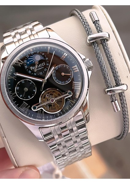 Ferrucci Otomatik ve Kurmalı Güneş ve Mehtap Kadranlı Çelik Kordonlu Erkek Kol Saati BFC.03606.5