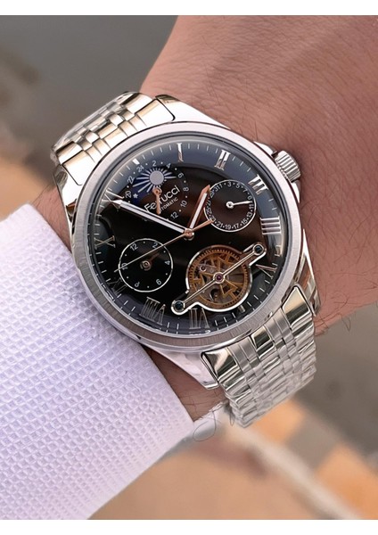 Ferrucci Otomatik ve Kurmalı Güneş ve Mehtap Kadranlı Çelik Kordonlu Erkek Kol Saati BFC.03606.5 modelleri