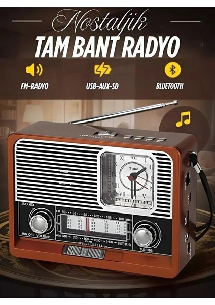 Nostaljik Vintage Tam Bant Fm Radyo Usb/aux/sd Retro Bluetooth Hoparlör Saatli Fenerli Müzik Kutusu Ist
