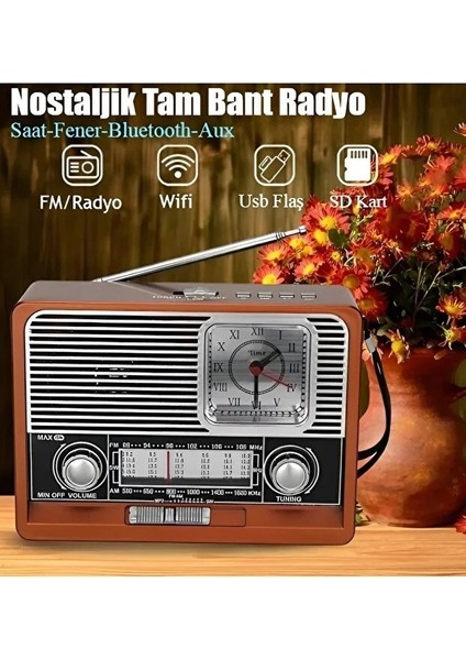Nostaljik Vintage Tam Bant Fm Radyo Usb/aux/sd Retro Bluetooth Hoparlör Saatli Fenerli Müzik Kutusu Ist modelleri
