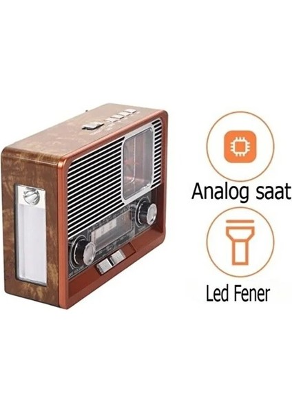 Nostaljik Vintage Tam Bant Fm Radyo Usb/aux/sd Retro Bluetooth Hoparlör Saatli Fenerli Müzik Kutusu Ist