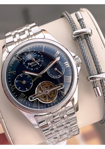 Ferrucci Otomatik ve Kurmalı Güneş ve Mehtap Kadranlı Çelik Kordonlu Erkek Kol Saati BFC.03606.1