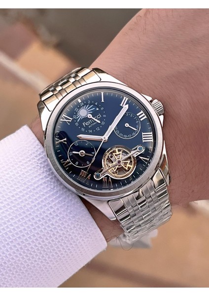 Ferrucci Otomatik ve Kurmalı Güneş ve Mehtap Kadranlı Çelik Kordonlu Erkek Kol Saati BFC.03606.1 modelleri