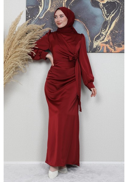 Saten Yan Kuşaklı Elbise Bordo