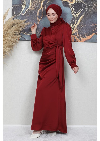 Saten Yan Kuşaklı Elbise Bordo fiyatları