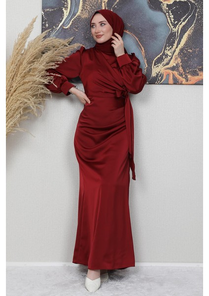 Saten Yan Kuşaklı Elbise Bordo modelleri