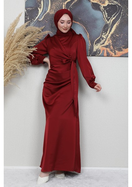 Saten Yan Kuşaklı Elbise Bordo fırsatları