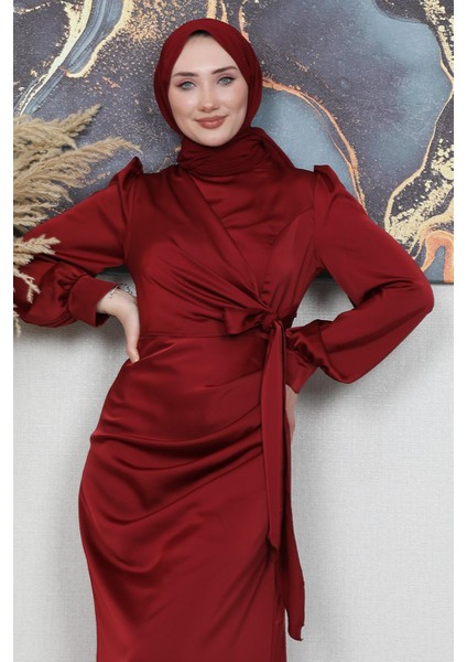 Saten Yan Kuşaklı Elbise Bordo indirimleri