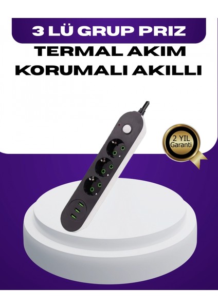 - USB Yuvalı Anahtarlı Üçlü Priz 2 Metre Kablolu