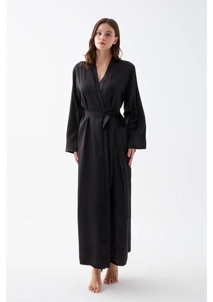 Giyim Kadın Uzun Siyah Saten Sabahlık modelleri