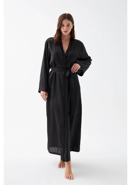 Giyim Kadın Uzun Siyah Saten Sabahlık fırsatları