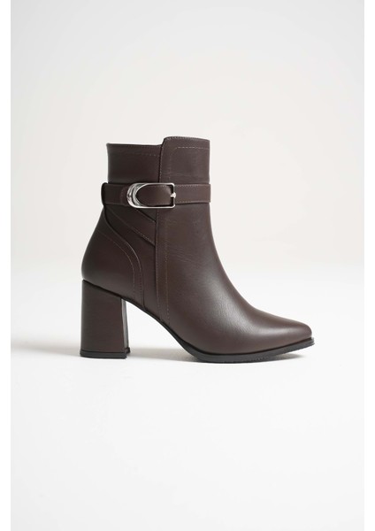 Kadın Hakiki Deri Tokalı Topuklu Bot - Kahve