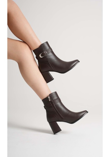Kadın Hakiki Deri Tokalı Topuklu Bot - Kahve modelleri
