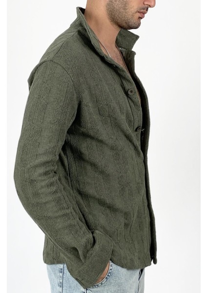 Jakarlı Oversize Triko Örgü Uzun Kol Vizon Gömlek