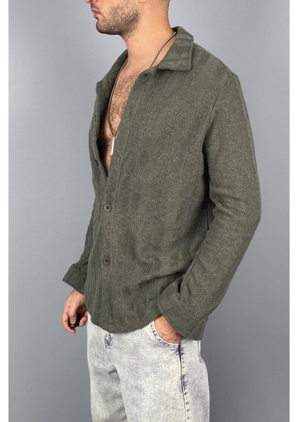 Jakarlı Oversize Triko Örgü Uzun Kol Vizon Gömlek fiyatları