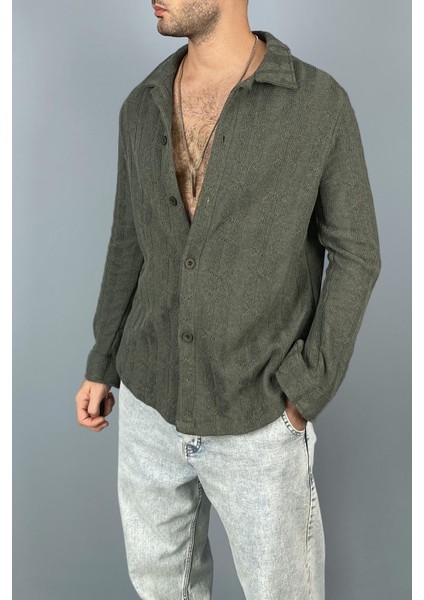 Jakarlı Oversize Triko Örgü Uzun Kol Vizon Gömlek fırsatları