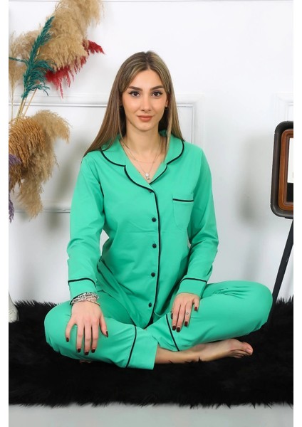 Giyim Kadın Pamuk Penye Önden Düğmeli Uzun Kol Yeşil Pijama Takım modelleri