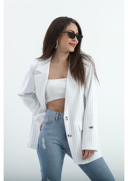 Üç Cep Kapaklı Çizgili Poliviskon Ceket - Ekru fiyatları