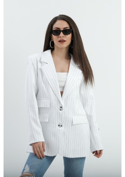 Üç Cep Kapaklı Çizgili Poliviskon Ceket - Ekru modelleri