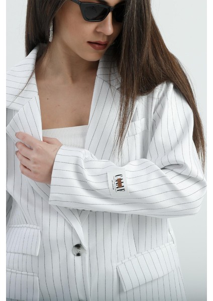 Üç Cep Kapaklı Çizgili Poliviskon Ceket - Ekru fırsatları