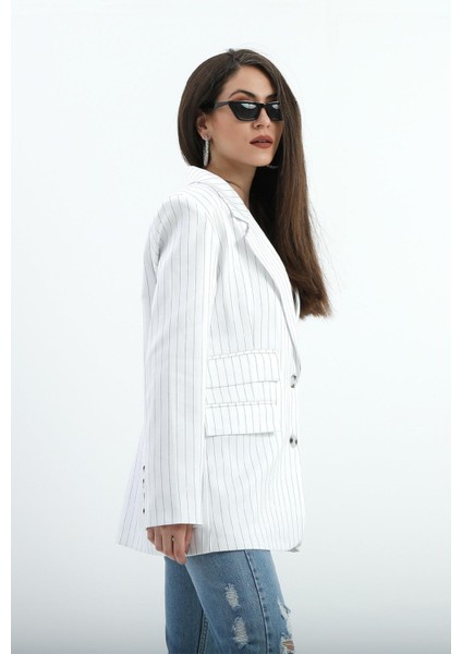 Üç Cep Kapaklı Çizgili Poliviskon Ceket - Ekru indirimleri